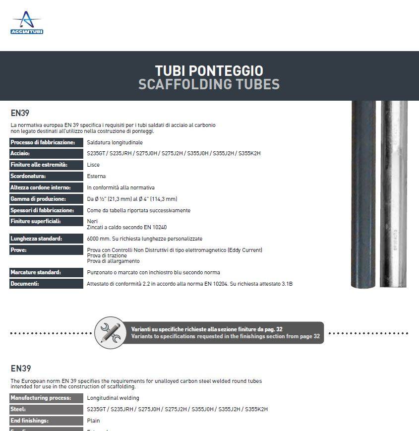 Scheda tecnica - Tubi ponteggio